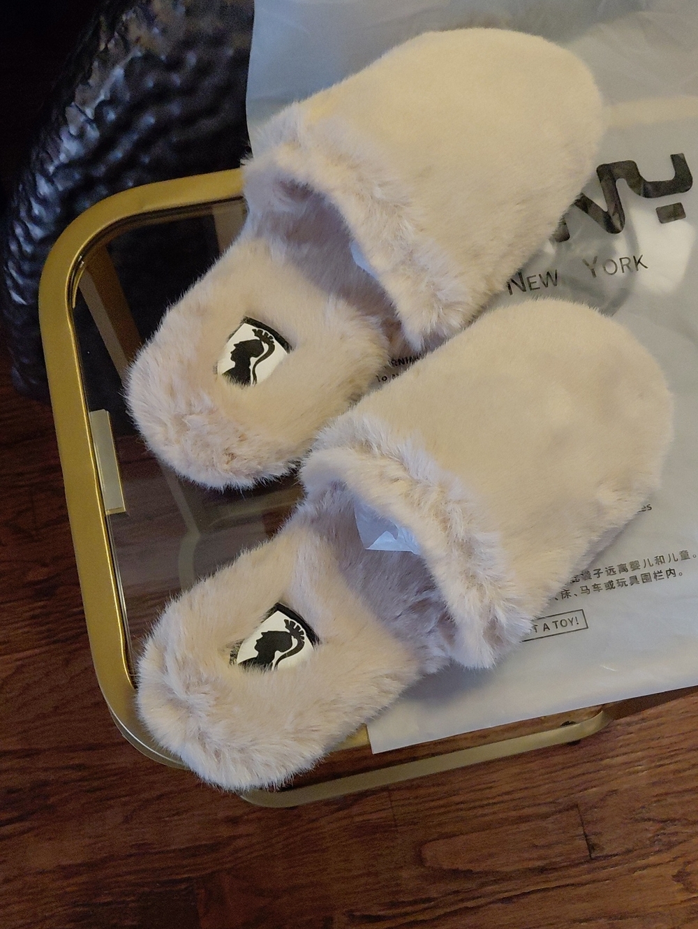 VHNY Plush Faux Fur Slide Slippers - Light Beige